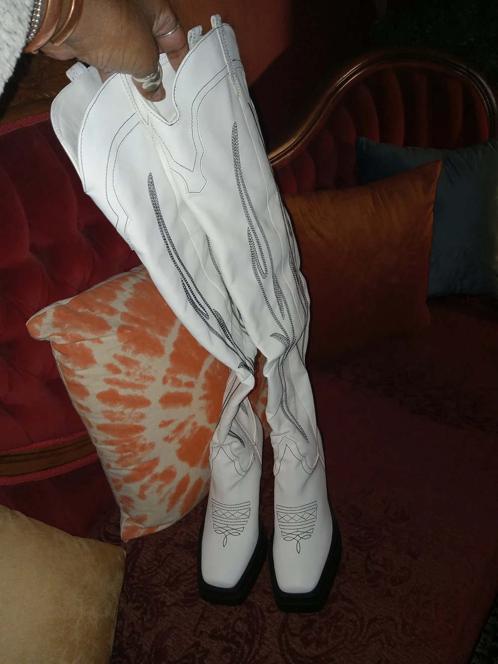 Lemonade White Over-the-Knee Western Boots with Black Stitching